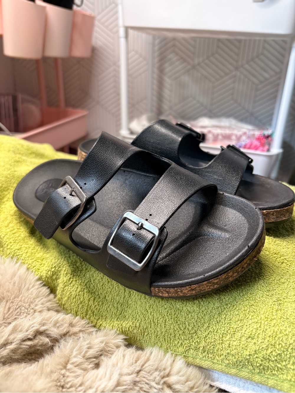 Classic Double-Buckle Black Cork Footbed Sandals